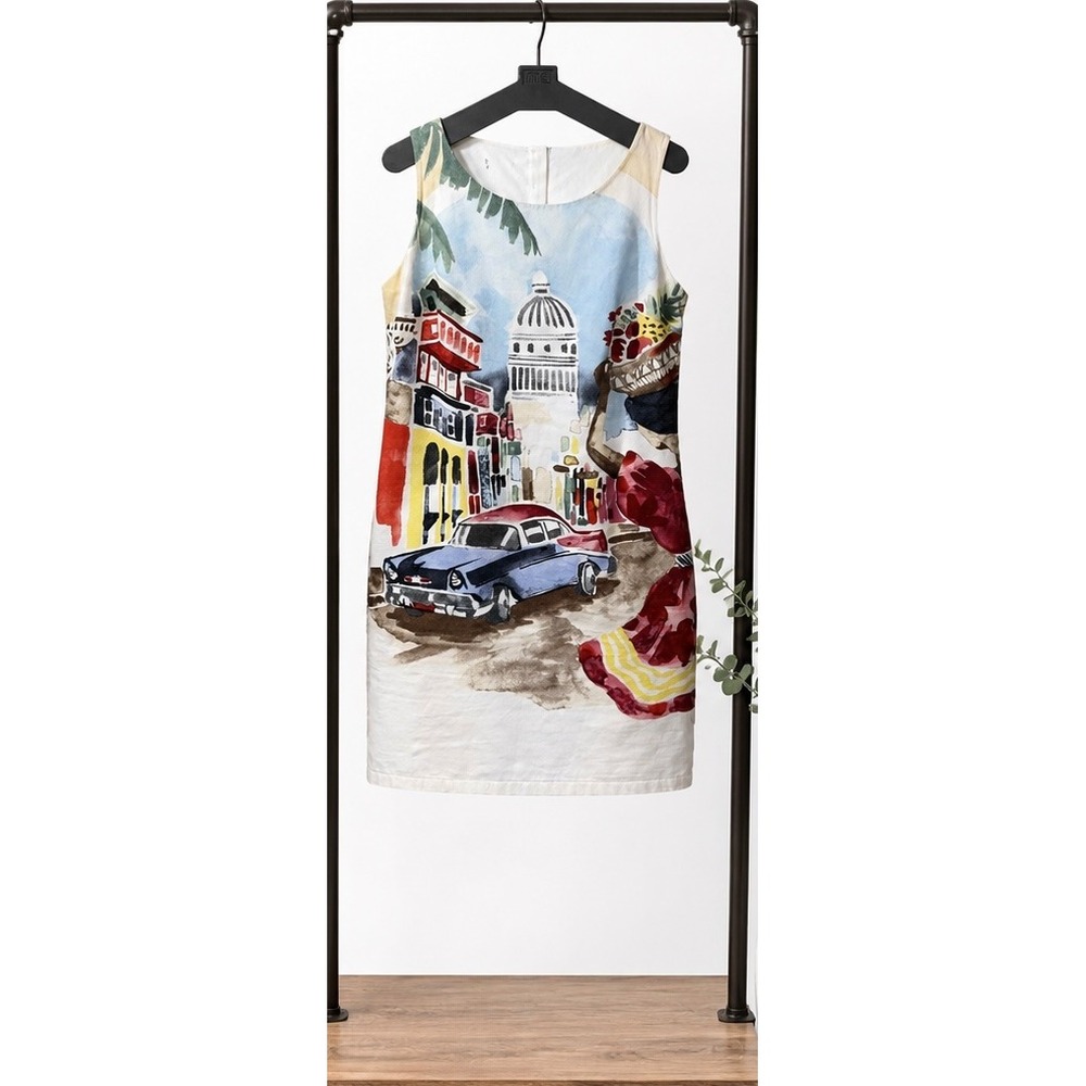 Havana Cuba Scenic Print Sleeveless Shift Dress Multi Color Classic Car Resort - Picture 3 of 10